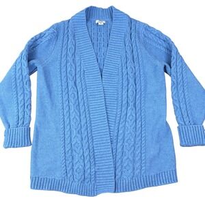 LL Bean Women S Powder Blue Cable Knit Open Front Cardigan Cotton Chunky Sweater